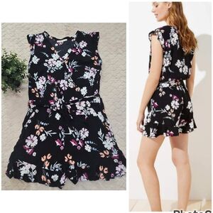 LOFT Black Floral Romper with Pink & Peach Accents